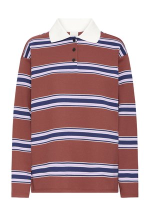 Pikkade varrukatega polo-särk roostes värvitoonis, valge kraega, millel on horisontaalsed triibud tumesinisel ja helelillal. Kolme nupuga ääris.