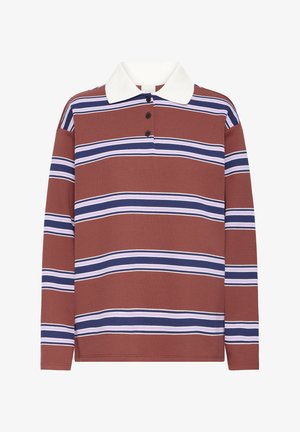 Long-sleeve polo shirt in rust color with white collar, featuring horizontal stripes in navy blue and light purple. Three-button placket.