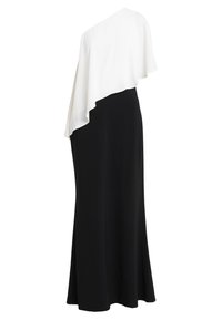 Długa czarna sukienka z asymetrycznym białym drapowaniem na jednym ramieniu, sięgająca do podłogi i bez rękawów.