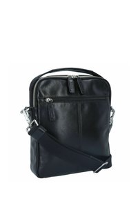 Borsa messenger in pelle nera con una texture liscia, scomparti con zip, tracolla regolabile e dettagli in metallo argentato.