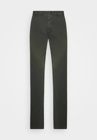 Donkergroene rechte jeans van katoen met een gladde textuur. Heeft een sluiting met een voorste knoop en riemlussen, zonder zichtbare patronen.
