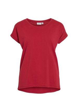 Tricou roșu cu mâneci scurte și decolteu rotund, fabricat dintr-un material moale; dispune de manșete răsucite și o linie de jos curbată, textură netedă.