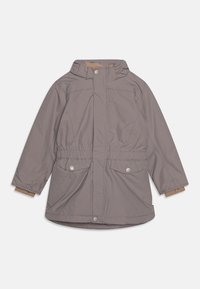 Grau isolierte Jacke mit Kapuze, elastischem Bund, zwei Fronttaschen und Druckknopfverschlüssen. Mit einer glatten Außenseite und weichem Futter.