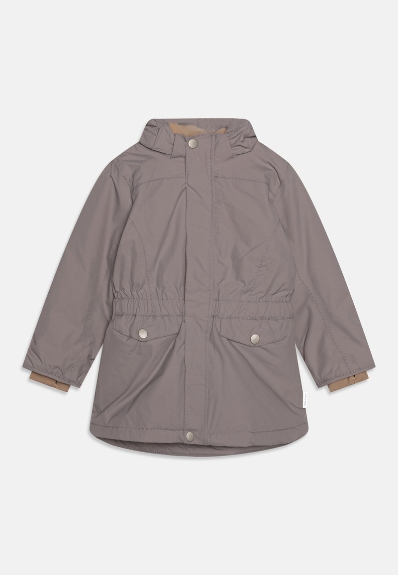 Grau isolierte Jacke mit Kapuze, elastischem Bund, zwei Fronttaschen und Druckknopfverschlüssen. Mit einer glatten Außenseite und weichem Futter.