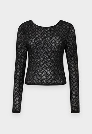 Maglietta nera a maniche lunghe con un design a motivo chevron testurizzato. Presenta un collo a giro e una silhouette aderente, realizzata in un materiale trasparente.