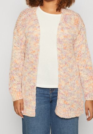 Femme portant un cardigan en tricot ample et multicolore par-dessus une chemise blanche et un jean bleu, visible des épaules aux hanches.