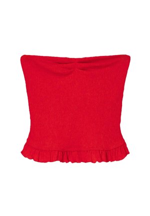 Top scurt roșu fără bretele, dintr-un material texturat, având o tiv rulat și un bust neted. Fără broderii sau modele.