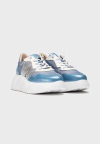 Blue leather platform sneakers with textured accents, featuring light blue and silver panels, white laces, and rubber soles.