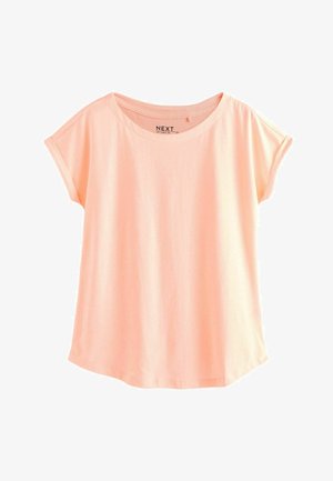 Tricou din bumbac de culoare piersiciu, cu guler rotund și mâneci scurte rulate, având o croială lejeră și o textură netedă.