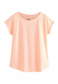 Kerge virsikutooni lühikeste varrukatega T-särk, mis on valmistatud pehmest ja kergekaalulisest kangast. T-särk on lõdva istuvusega ja ümarate kaelustega.