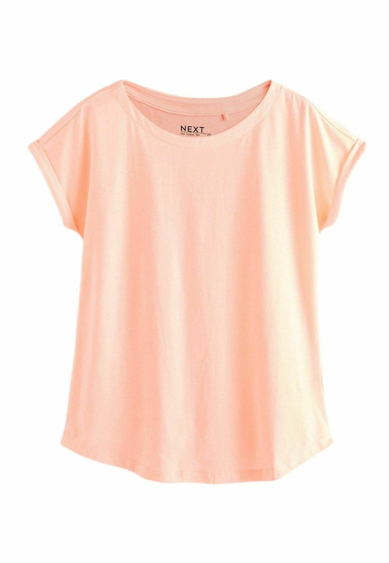 Kerge virsikutooni lühikeste varrukatega T-särk, mis on valmistatud pehmest ja kergekaalulisest kangast. T-särk on lõdva istuvusega ja ümarate kaelustega.