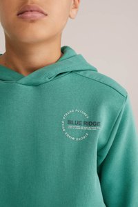Tealfärgad hoodie i bomull med dragsnöre i huvan. Har en cirkulär grafik med texten "BLUE RIDGE" och motiverande fraser i vitt och svart.