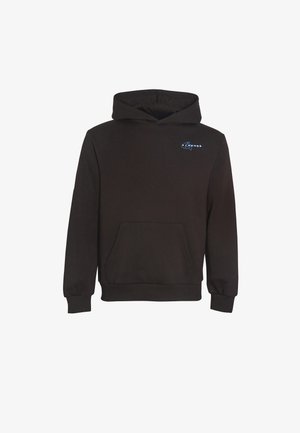 Sudadera negra con capucha, bolsillo frontal y pequeño logotipo en azul script en la parte superior izquierda del pecho.