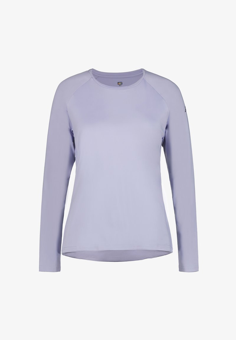 Langarmhemd in hellem Lavendel mit rundem Halsausschnitt und Raglanärmeln. Hergestellt aus einem glatten, dehnbaren Stoff mit minimalen Nähten.