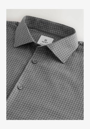 Szara koszula z guzikami o wzorze w kratkę, z wysmukłym kołnierzykiem i dwoma szarymi guzikami z przodu. Metka z napisem "NEXT."