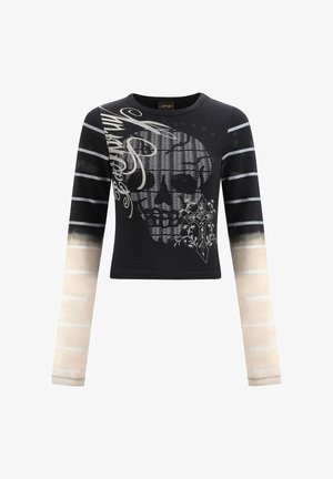 Schwarzes Langarmshirt mit einem Schädel-Graphic, kunstvollen Akzenten und gestreiften Ärmeln, die von einem Farbverlauf in Beige mit grauen Linien übergehen.