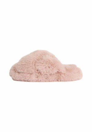 Rosa Kunstfellschlappen mit rundem Design, weicher Textur und gepolsterter Sohle, die ein gemütliches Aussehen und einen bequemen Sitz bieten.