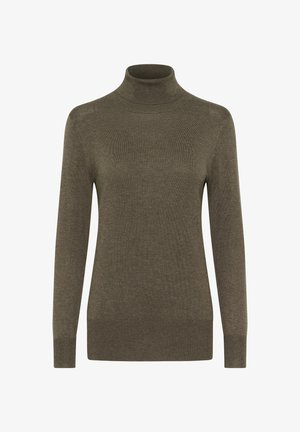 Maglione a dolcevita verde oliva realizzato in morbido tessuto a maglia, con maniche lunghe e un design attillato con dettagli a coste sui polsini e sull'orlo.
