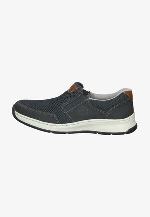 Dark blue slip-on shoe with mesh upper, brown leather accents, white sole, and contrasting stitching. Rounded shape, lightweight design.