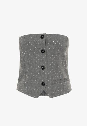 Siva brezramni top z vzorcem srebrnihpik, zapiranje na gumb na sprednji strani in dvema stranskima žepoma. Narejen iz strukturirane tkanine z oblikovano silhueto.