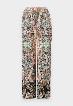 Pantalons à jambes larges avec un motif floral paisley coloré sur fond noir, dotés d'une taille élastique et d'une coupe décontractée.