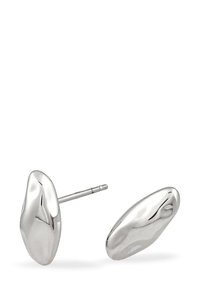 Ein Paar polierte, silberne Ohrstecker in abstrakter Form mit glatten, unregelmäßigen, kieselsteinähnlichen Oberflächen.