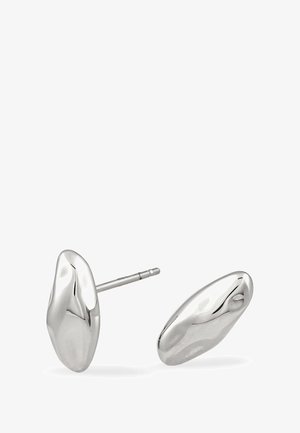 Un paio di orecchini a perno in argento lucido dalla forma astratta, con superfici lisce e irregolari simili a ciottoli.