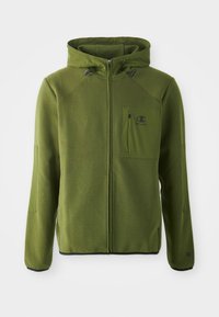 Veste à capuche verte en tissu doux, dotée d'une fermeture éclair, de poches latérales et d'une poche poitrine avant avec un patch logo.