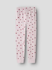 Pantalon de pyjama rose clair avec taille élastique et motif de cœurs rouges répartis uniformément sur le tissu, sur un fond neutre.