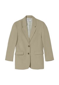Béžový lněný blazer s jedním knoflíkem, dvěma předními kapsami a hnědými knoflíky. Disponuje pruhovanou podšívkou a lehce strukturovanými rameny.
