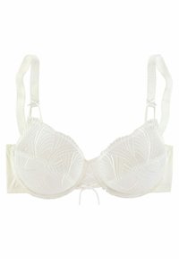 Sujetador blanco con aros y un patrón de hojas bordado en los copas, tirantes ajustables y un suave respaldo de satén. Presenta un detalle de lazo en el centro.