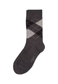 Grå og sorte argyle-strømper med en blød tekstur, der har et diamantskema og kontraststing, velegnede til afslappet brug.