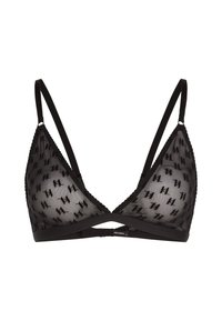 Zwarte driehoekige bralette van doorschijnende meshstof met een herhaald logo-patroon. Dunne verstelbare bandjes, gekartelde rand langs de randen.