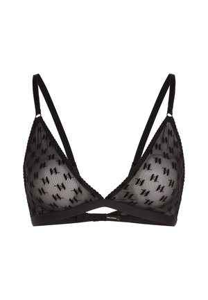 Zwarte driehoekige bralette van doorschijnende meshstof met een herhaald logo-patroon. Dunne verstelbare bandjes, gekartelde rand langs de randen.
