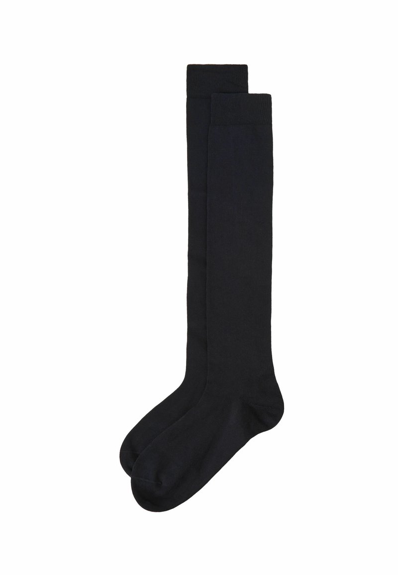 Calze nere a ginocchio con una superficie liscia e design semplice. Presentano una punta rinforzata e polsini a costine per una vestibilità sicura e comfort.
