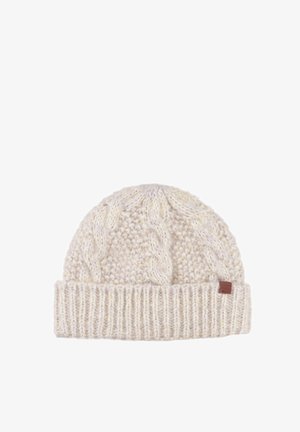 Gehaakte beanie in crème, met een kabelpatroon en een geribbelde rand. Inclusief een klein bruin leren logo-etiket. Zacht, gestructureerd materiaal.