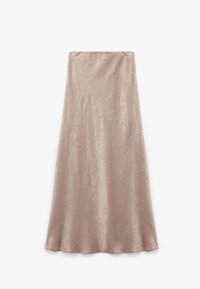 Lyse taupe midi-skjorte lavet af struktureret stof, med en glat finish og en udvidet form, designet til en komfortabel pasform.