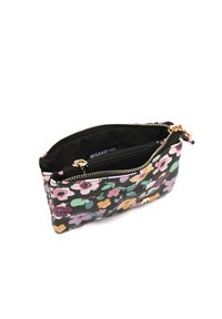 Mažas gėlių rašto kišeninis maišelis su violetinėmis, žaliosiomis ir geltonosiomis gėlėmis, su auksiniais užtrauktukais ir juodu vidiniu pamušalu.