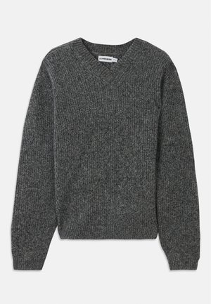 Gray knitted sweater with a V-neck and ribbed texture. Features long sleeves and a fitted waistband. Made from soft, warm fabric.