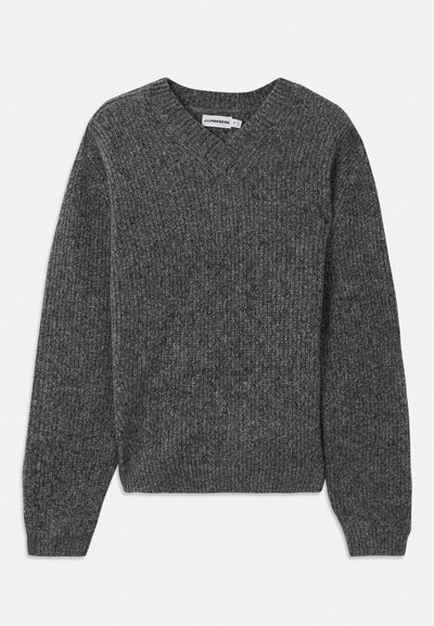 Gray knitted sweater with a V-neck and ribbed texture. Features long sleeves and a fitted waistband. Made from soft, warm fabric.