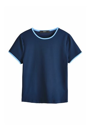 Marineblå kortærmet t-shirt med lyseblå kant ved halsudskæringen og ærmerne. Fremstillet af glat stof med klassisk rund hals.