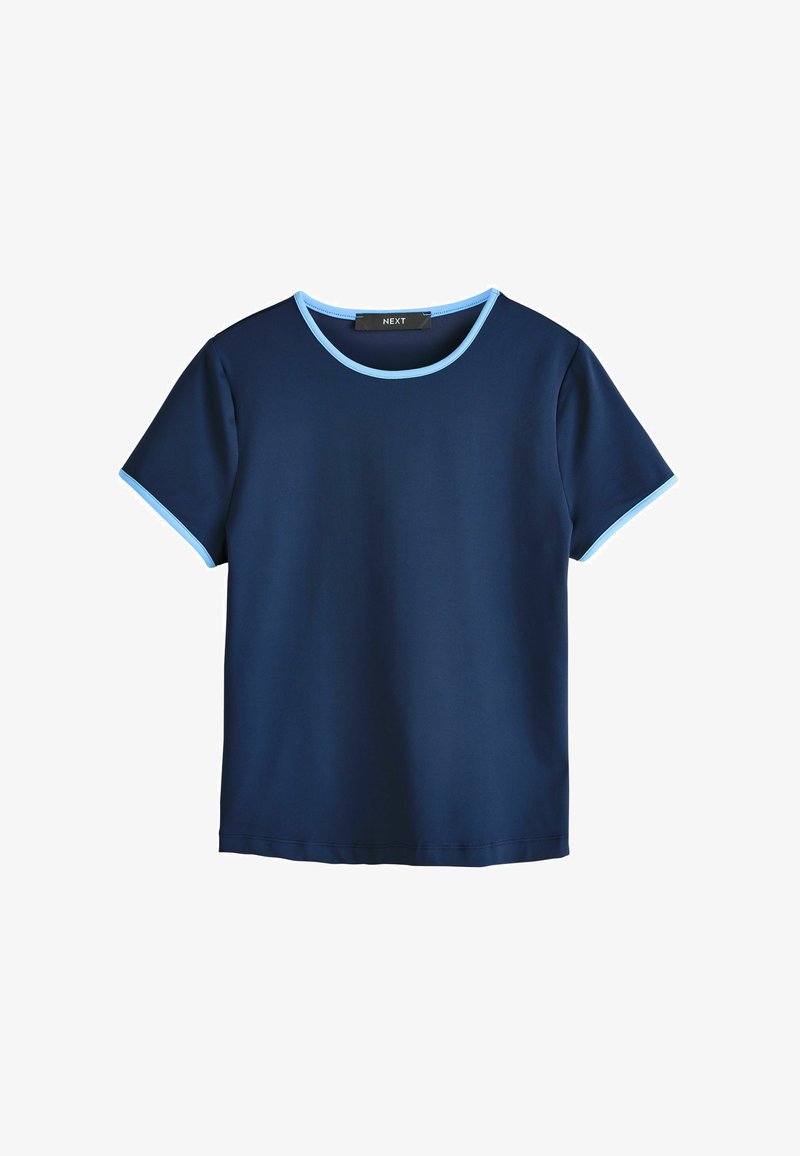 T-shirt bleu marine à manches courtes avec un col et des bordures de manches bleu clair. Confectionné dans un tissu lisse, doté d'un col ras du cou classique.