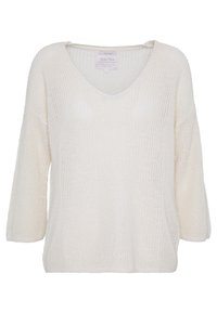 Lekki, kremowy sweter z dzianiny, z dekoltem w serek, trzy-czwartymi rękawami i luźnym, swobodnym krojem. Teksturalna tkanina o otwartym splocie.