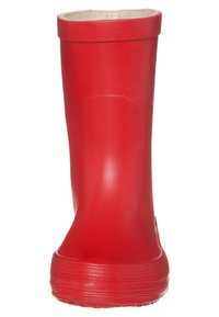 Botte de pluie en caoutchouc rouge avec une finition lisse, un bout arrondi et une semelle texturée. Présente un intérieur beige et un haut solide à revers.