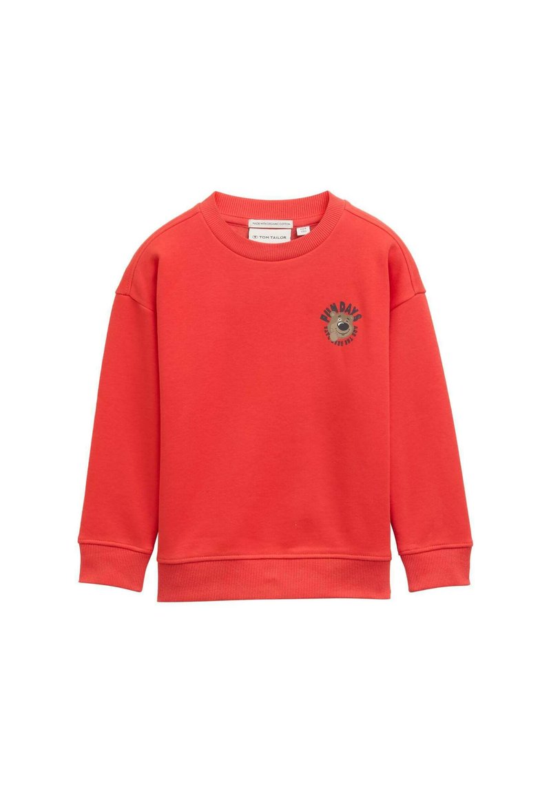 Roter Sweatshirt aus weicher Baumwolle, mit runder Ausschnitt, langen Ärmeln und einem bedruckten Bärenmotiv mit "New Day". Gerippte Bündchen und Saum.