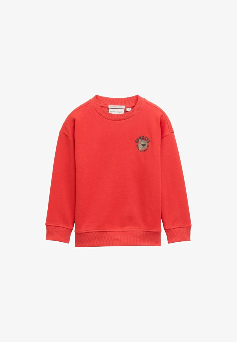 Rode sweatshirt van zachte katoen, met een ronde hals, lange mouwen en een bedrukte berenafbeelding met "New Day." Ribgebreide manchetten en zoom.