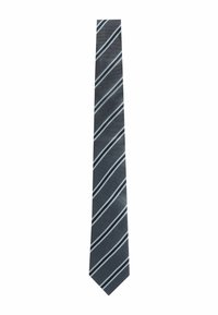 Gestreifte Krawatte in Dunkelgrau mit kontrastierenden weißen und hellblauen diagonal verlaufenden Streifen; aus glattem Stoff mit spitzem Ende.