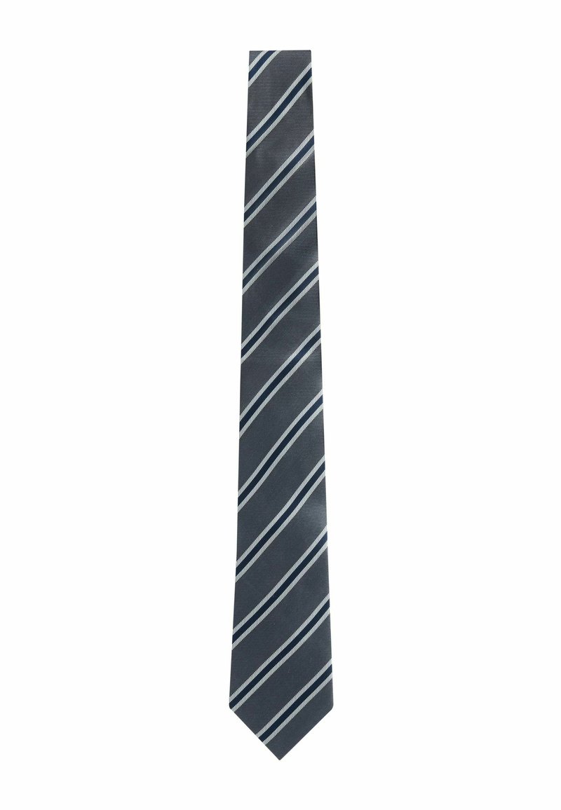 Gestreifte Krawatte in Dunkelgrau mit kontrastierenden weißen und hellblauen diagonal verlaufenden Streifen; aus glattem Stoff mit spitzem Ende.