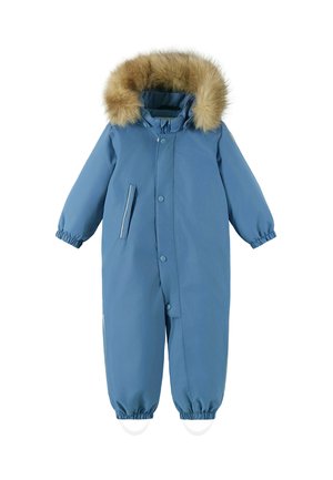 Tuta da neve monopezzo blu isolato con cappuccio in pelliccia sintetica, polsini elastici, tasche laterali e chiusure a pressione frontali. Tessuto liscio e resistente all'acqua.
