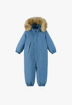 Niebieski, izolowany, jednoczęściowy kombinezon narciarski z kapturem z sztucznego futra, elastycznymi mankietami, bocznymi kieszeniami i zapięciem na napy z przodu. Gładki, wodoodporny materiał.
